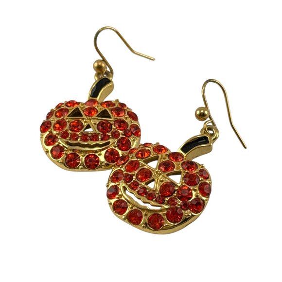 Halloween Pumpkin Dangle Earrings Red Rhinestone Jack O Lantern Jewelry - Picture 1 of 6